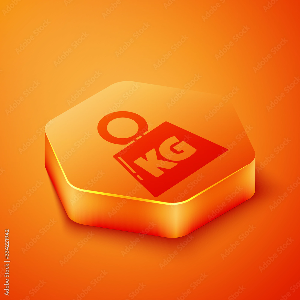 Isometric Weight icon isolated on orange background. Kilogram weight block for weight lifting and sc