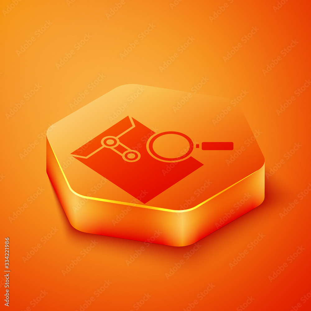 Isometric Envelope mail with magnifying glass icon isolated on orange background. Orange hexagon but