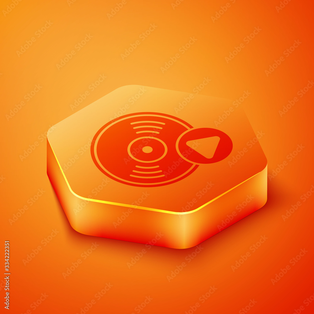 Isometric Vinyl disk icon isolated on orange background. Orange hexagon button. Vector Illustration