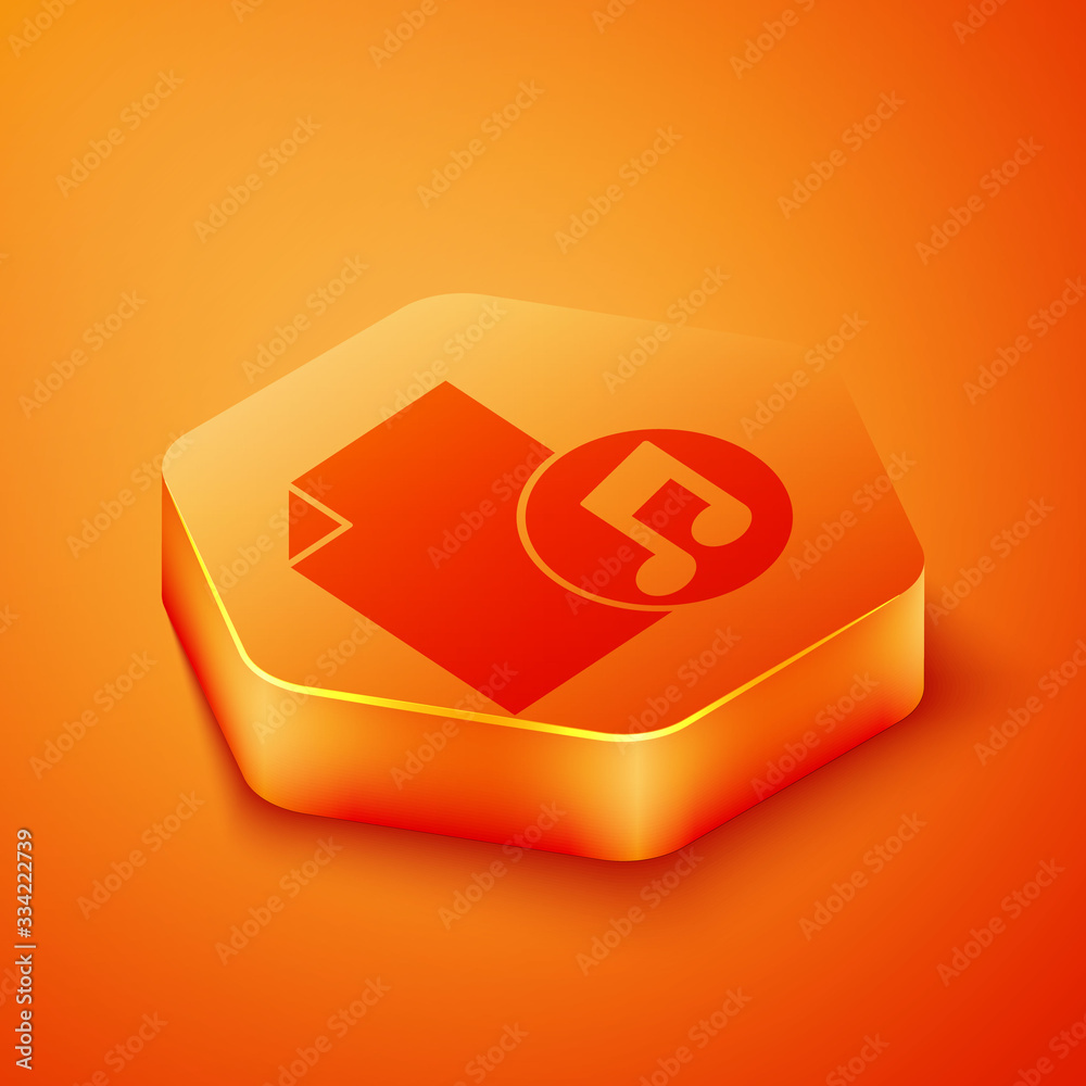 Isometric Music book with note icon isolated on orange background. Music sheet with note stave. Note