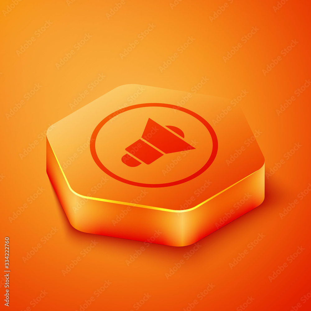 Isometric Speaker volume, audio voice sound symbol, media music icon isolated on orange background. 