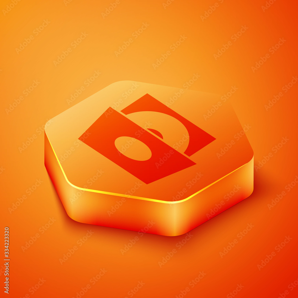 Isometric Vinyl player with a vinyl disk icon isolated on orange background. Orange hexagon button. 