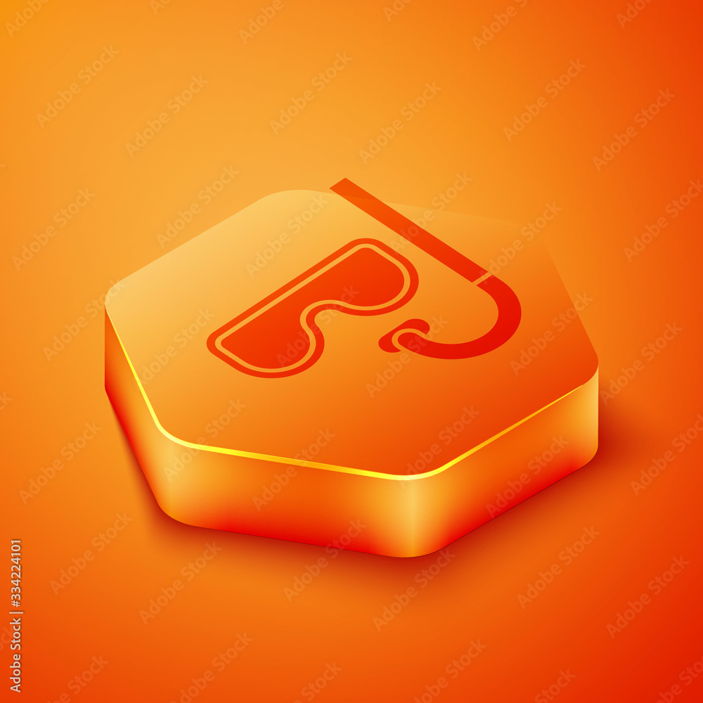 Isometric Diving mask and snorkel icon isolated on orange background. Extreme sport. Diving underwat