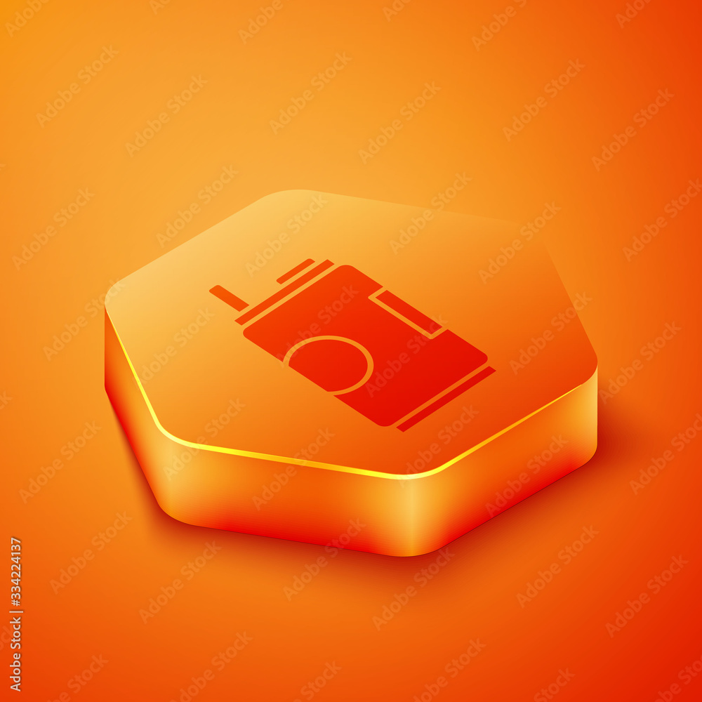 Isometric Soda can icon isolated on orange background. Orange hexagon button. Vector Illustration