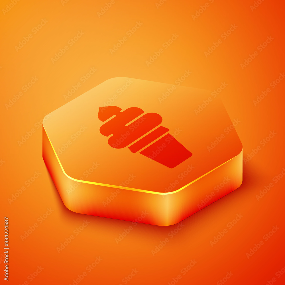 Isometric Ice cream in waffle cone icon isolated on orange background. Sweet symbol. Orange hexagon 