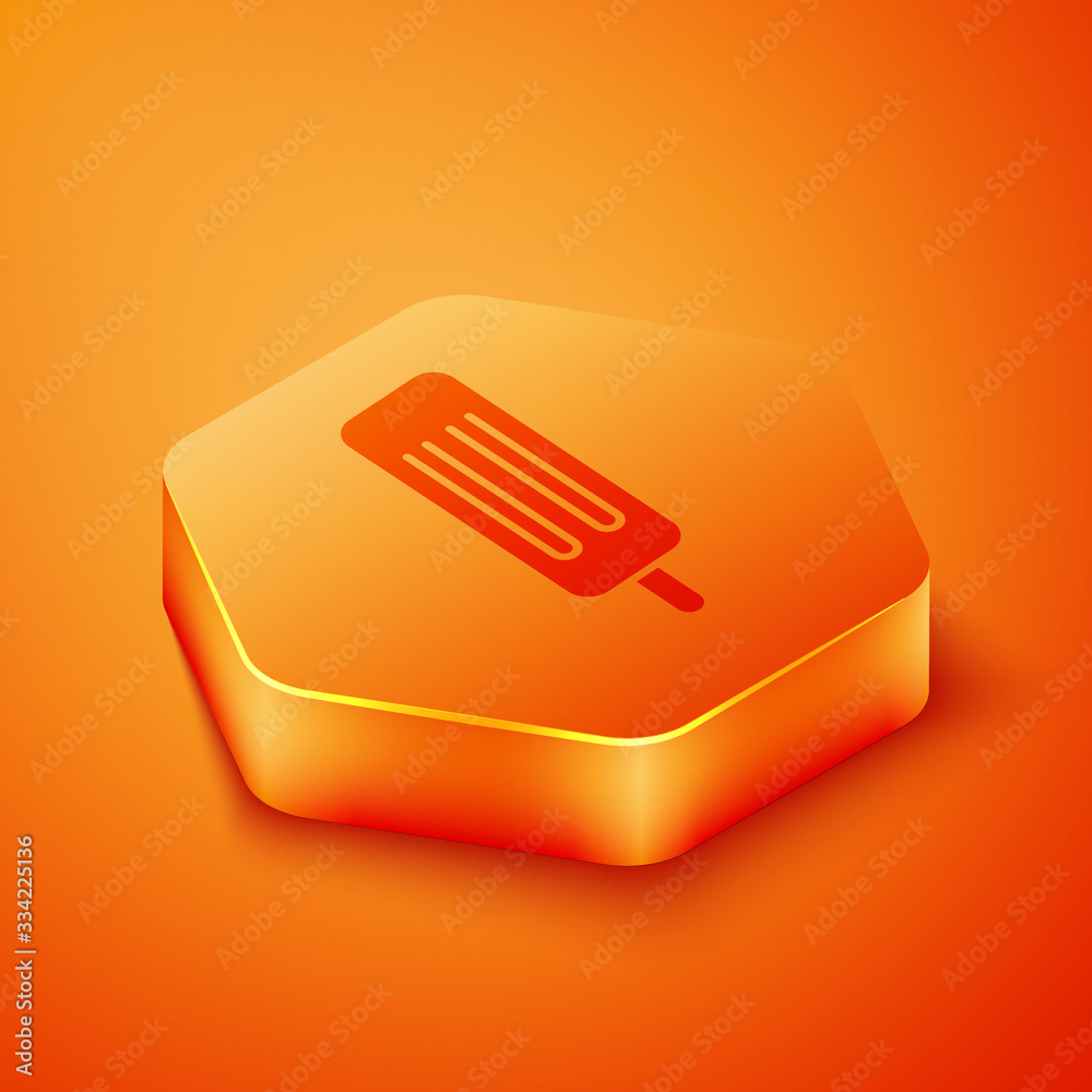 Isometric Ice cream icon isolated on orange background. Sweet symbol. Orange hexagon button. Vector 