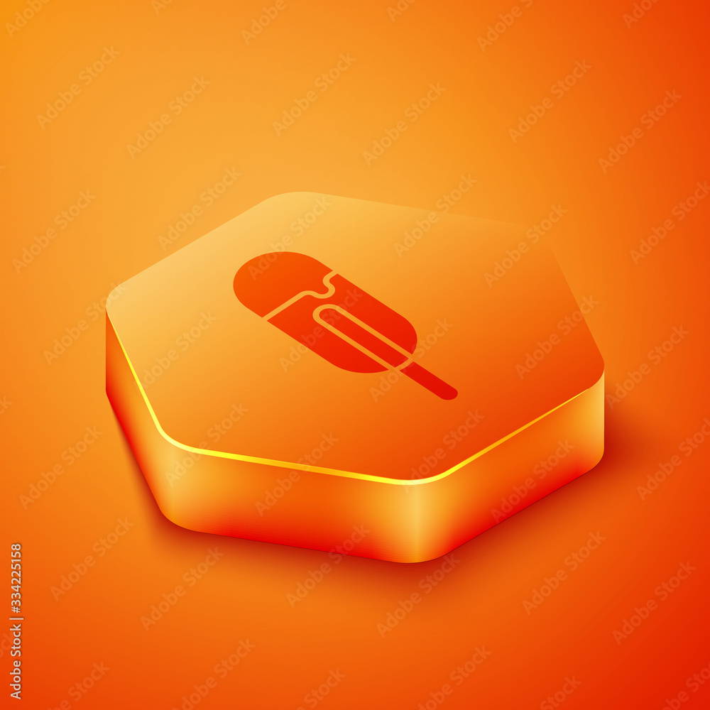 Isometric Ice cream icon isolated on orange background. Sweet symbol. Orange hexagon button. Vector 