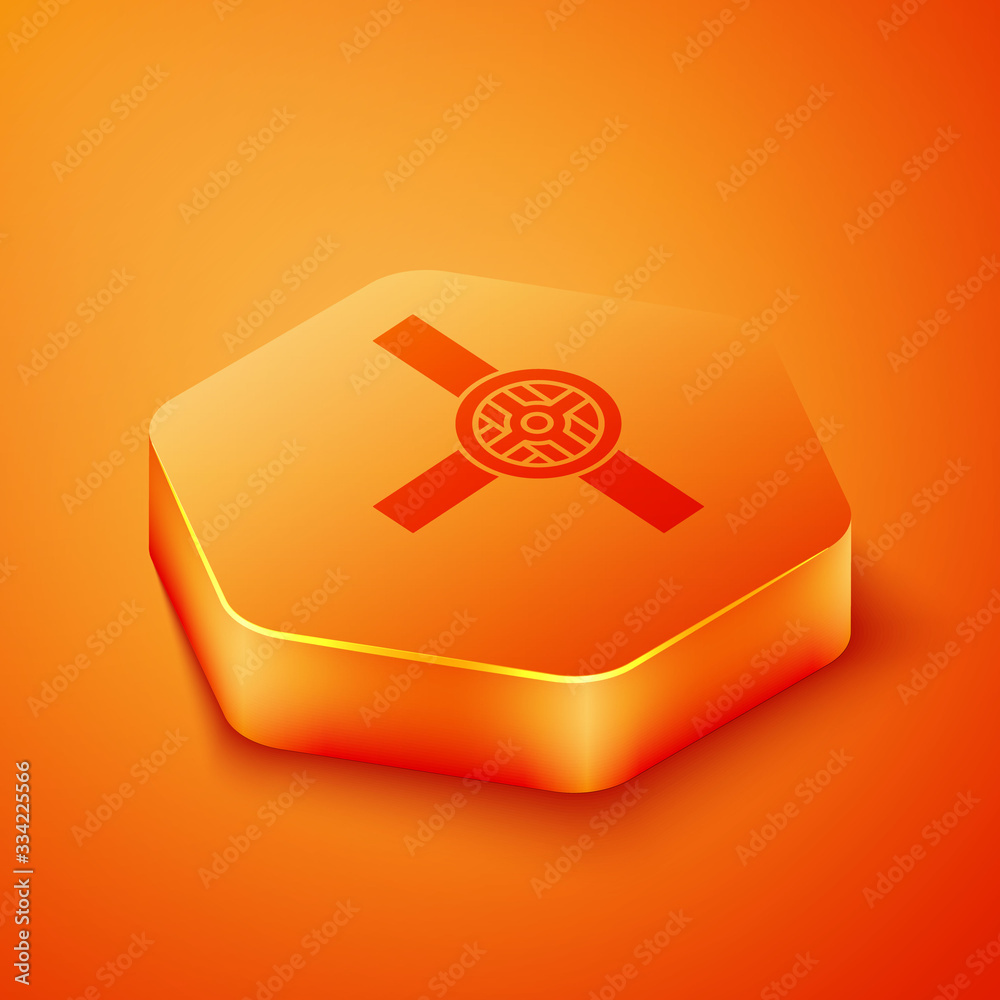 Isometric Industry metallic pipes and valve icon isolated on orange background. Orange hexagon butto