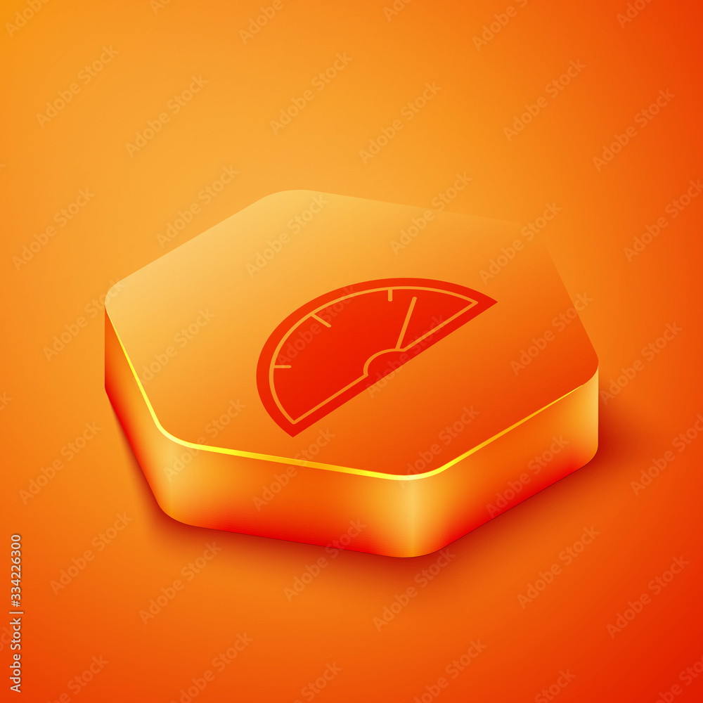 Isometric Speedometer icon isolated on orange background. Orange hexagon button. Vector Illustration