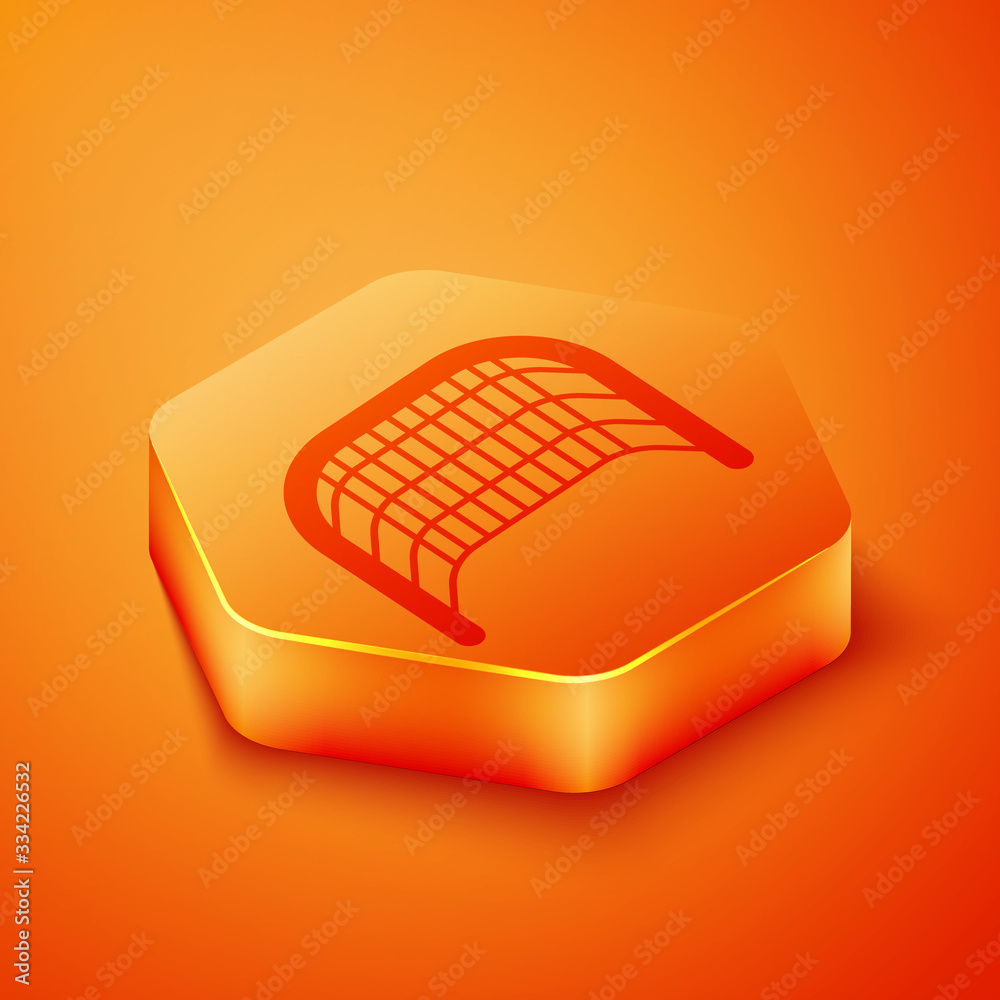 Isometric Ice hockey goal with net for goalkeeper icon isolated on orange background. Orange hexagon