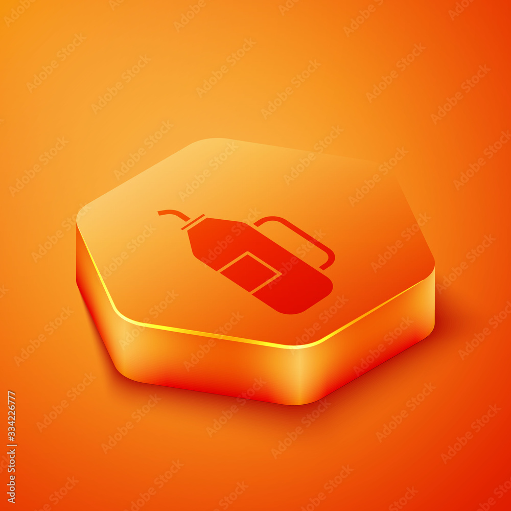 Isometric Fitness shaker icon isolated on orange background. Sports shaker bottle with lid for water