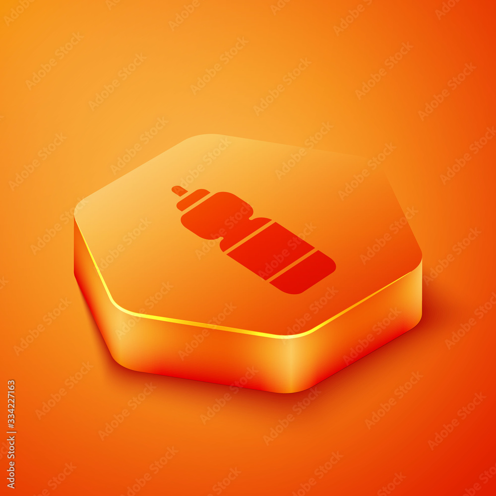 Isometric Fitness shaker icon isolated on orange background. Sports shaker bottle with lid for water