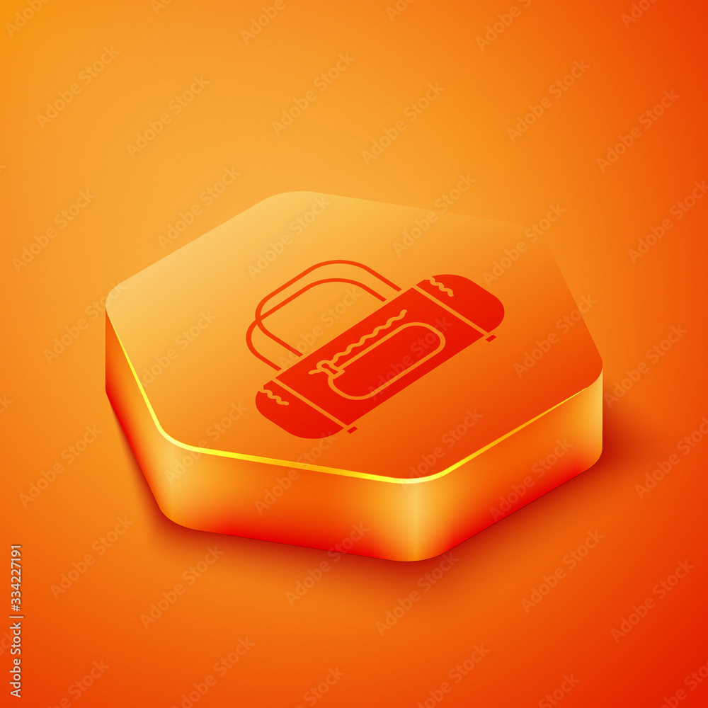 Isometric Sport bag icon isolated on orange background. Orange hexagon button. Vector Illustration