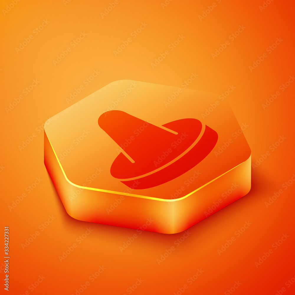 Isometric Mallet and puck for playing air hockey game icon isolated on orange background. Orange hex