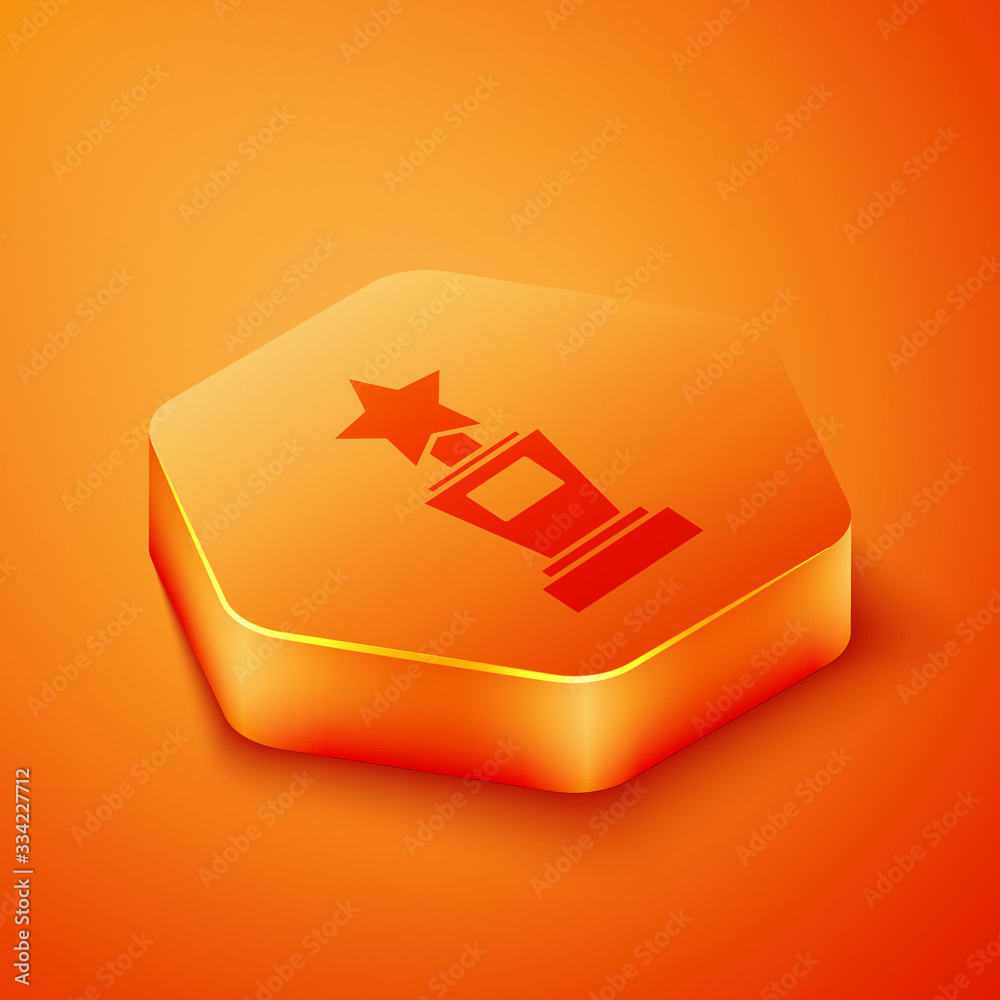 Isometric Award cup icon isolated on orange background. Winner trophy symbol. Championship or compet