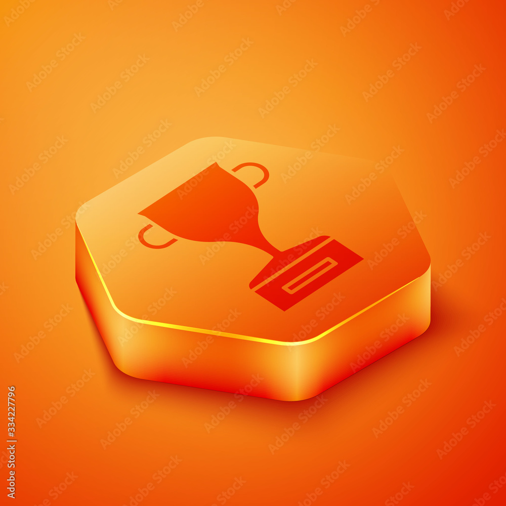 Isometric Award cup icon isolated on orange background. Winner trophy symbol. Championship or compet