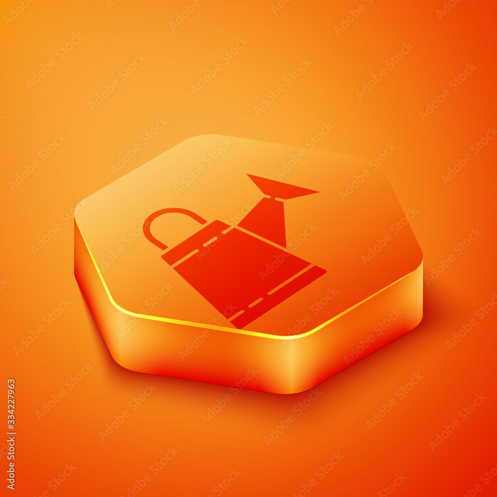 Isometric Watering can icon isolated on orange background. Irrigation symbol. Orange hexagon button.