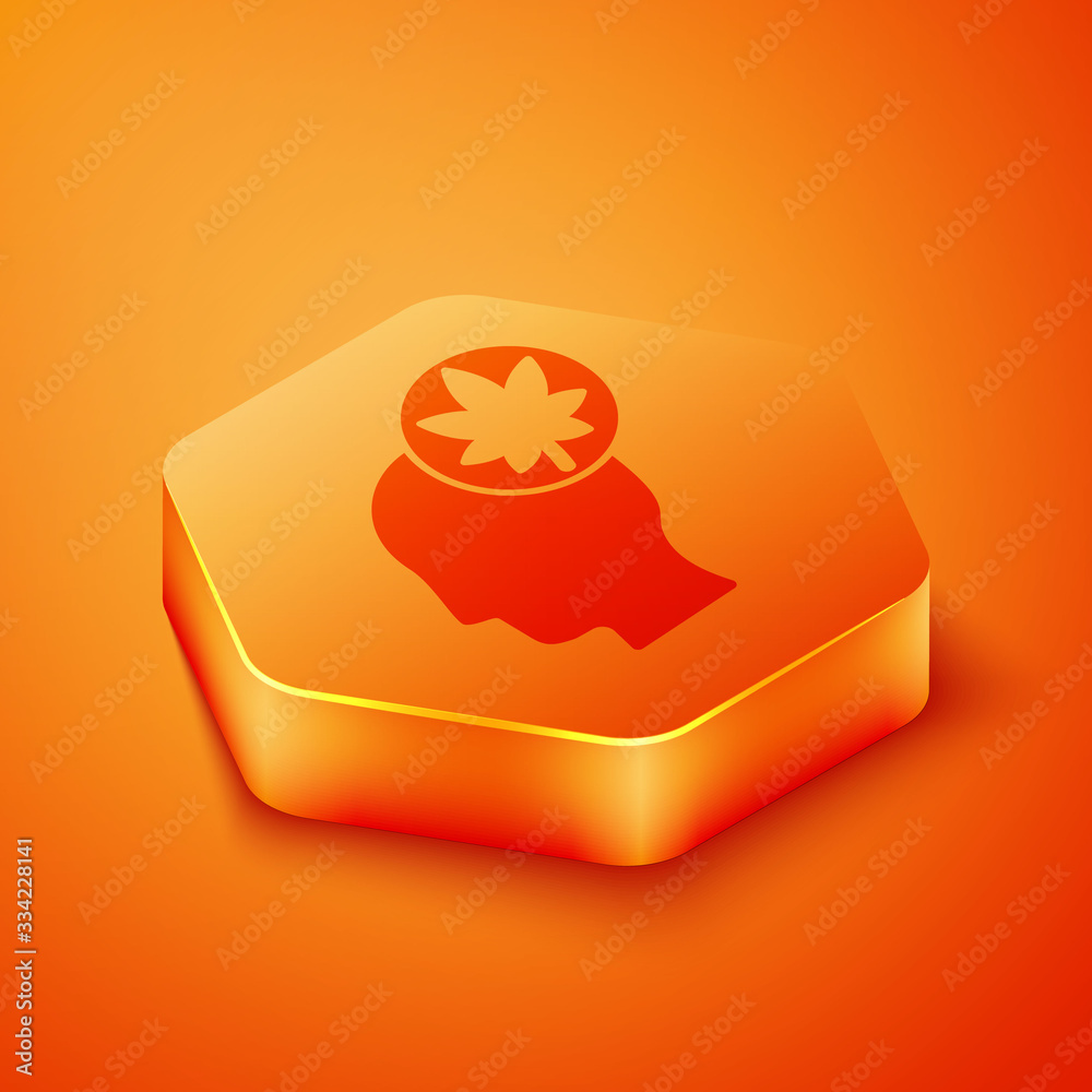 Isometric Human head with leaf icon isolated on orange background. Orange hexagon button. Vector Ill