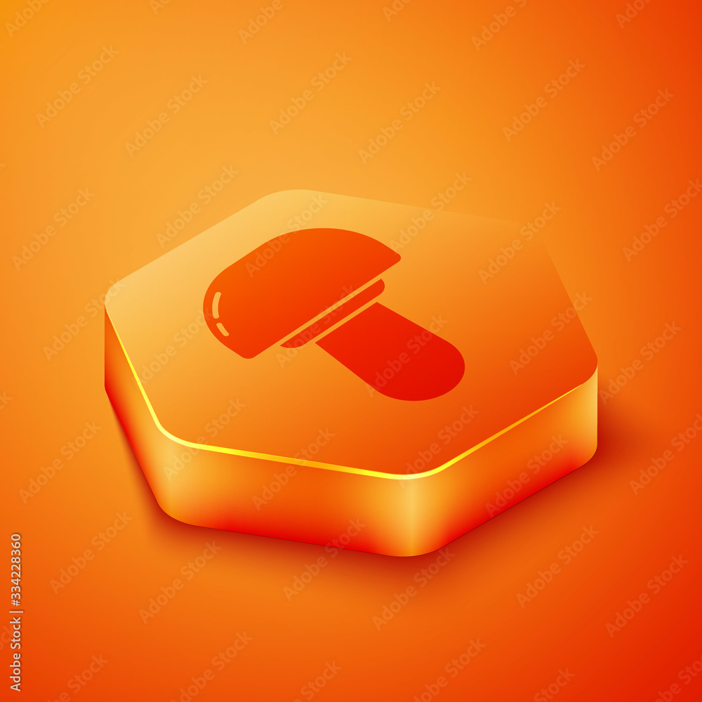 Isometric Mushroom icon isolated on orange background. Orange hexagon button. Vector Illustration