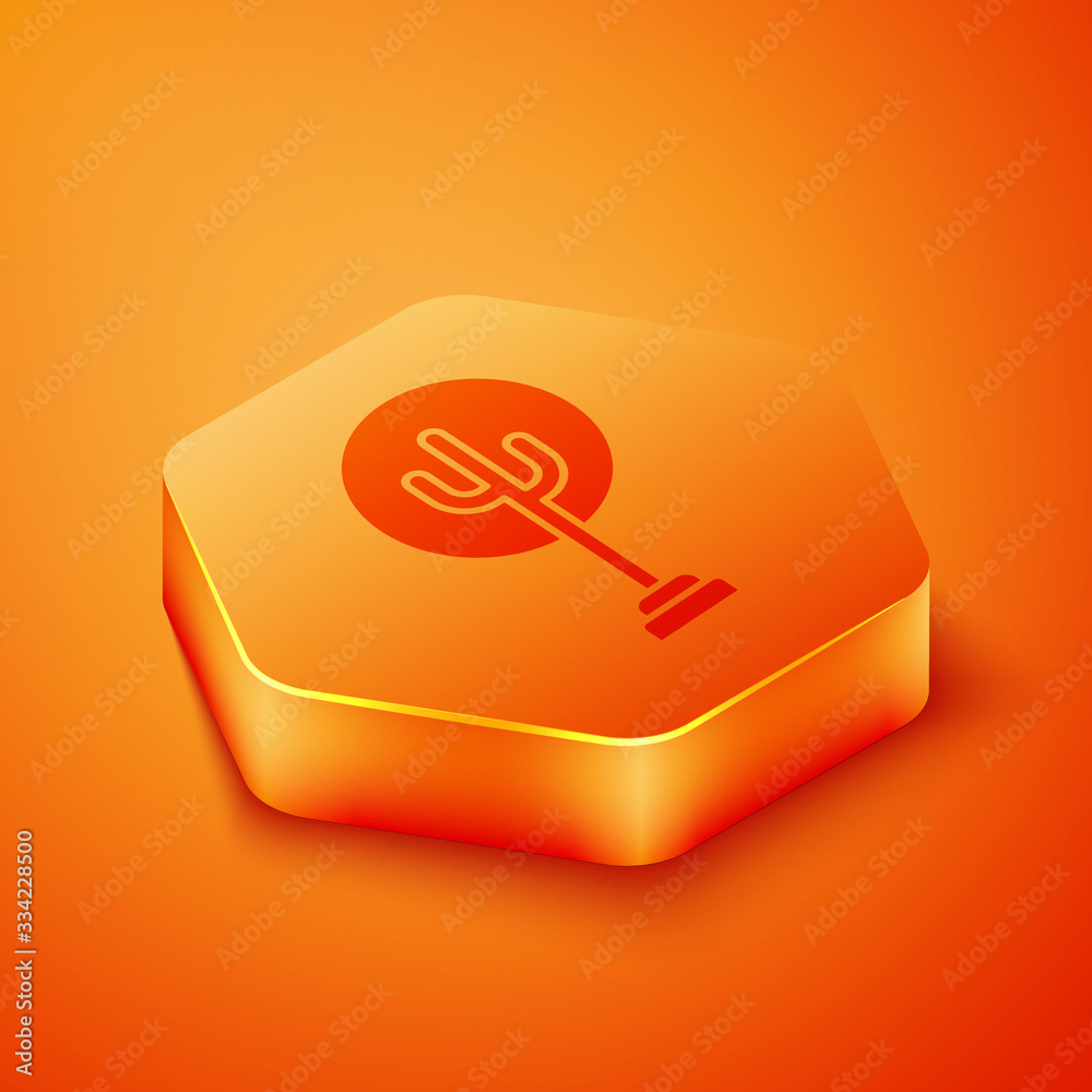 Isometric Tree icon isolated on orange background. Forest symbol. Orange hexagon button. Vector Illu