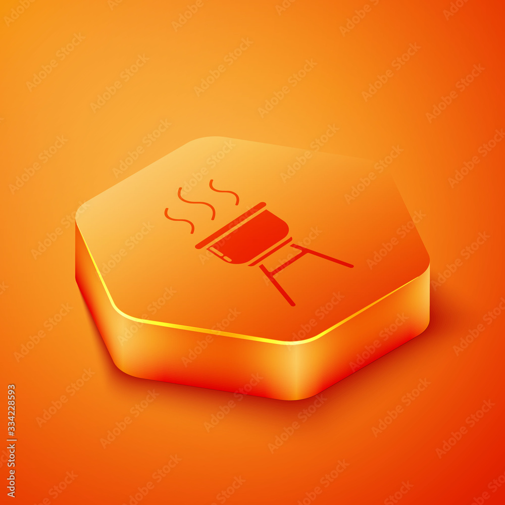 Isometric Barbecue grill icon isolated on orange background. BBQ grill party. Orange hexagon button.