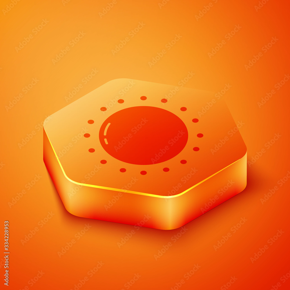 Isometric Sun icon isolated on orange background. Summer symbol. Good sunny day. Orange hexagon butt