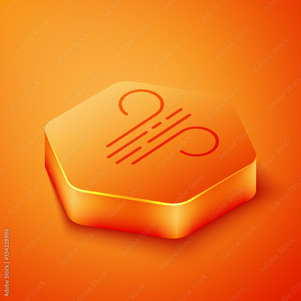 Isometric Wind icon isolated on orange background. Windy weather. Orange hexagon button. Vector Illu