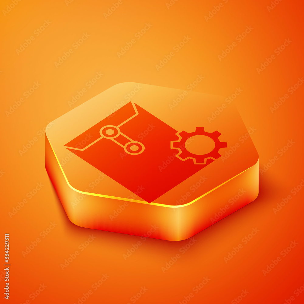 Isometric Envelope setting icon isolated on orange background. Orange hexagon button. Vector Illustr