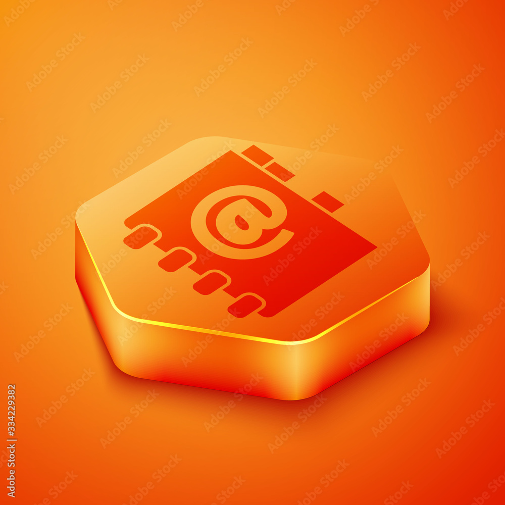 Isometric Address book icon isolated on orange background. Notebook, address, contact, directory, ph