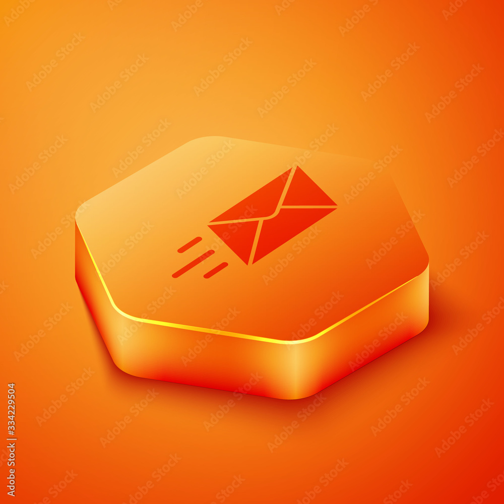 Isometric Express envelope icon isolated on orange background. Email message letter symbol. Orange h