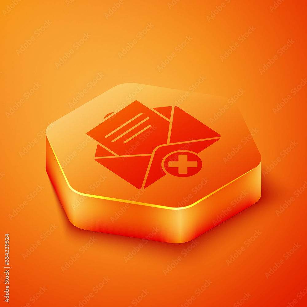 Isometric Delete envelope icon isolated on orange background. Delete or error letter. Cross on messa