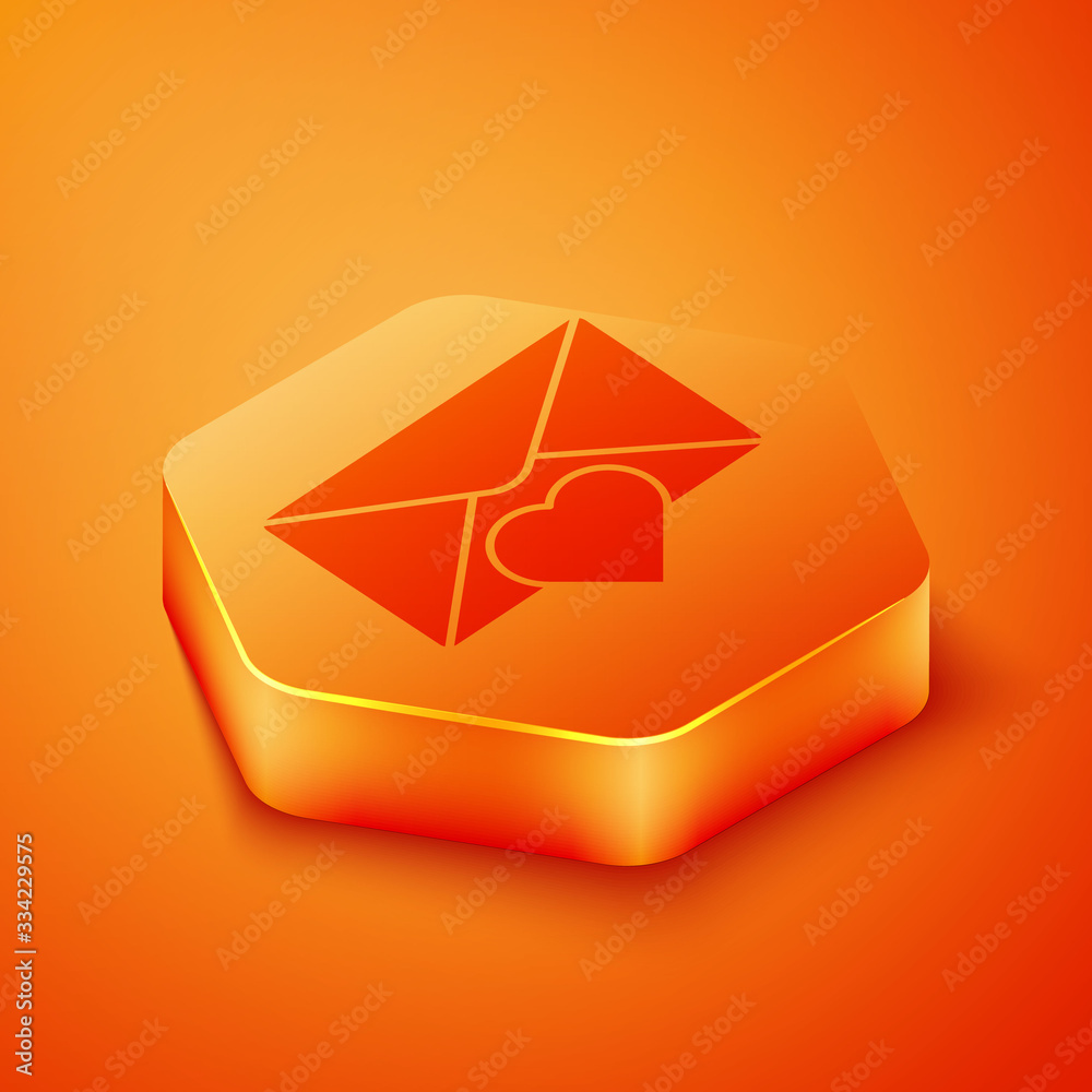 Isometric Envelope with Valentine heart icon isolated on orange background. Message love. Letter lov