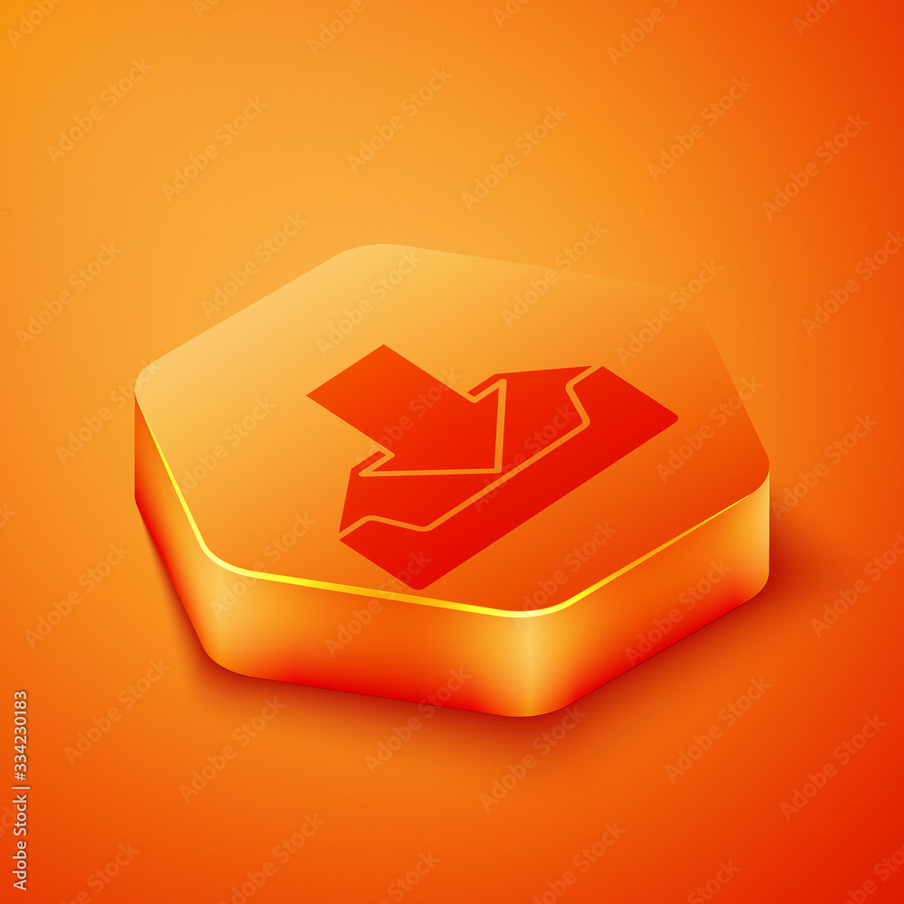 Isometric Download inbox icon isolated on orange background. Orange hexagon button. Vector Illustrat