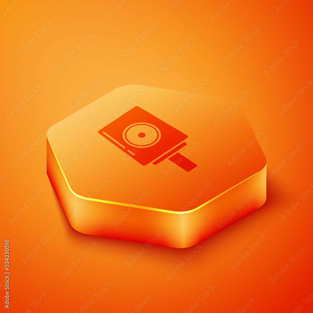 Isometric Spray can nozzle cap icon isolated on orange background. Orange hexagon button. Vector Ill