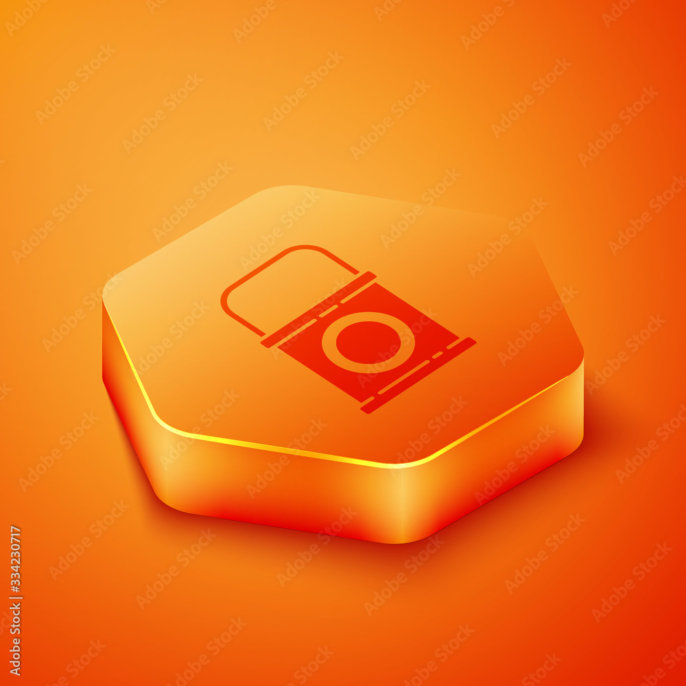 Isometric Paint bucket icon isolated on orange background. Orange hexagon button. Vector Illustratio