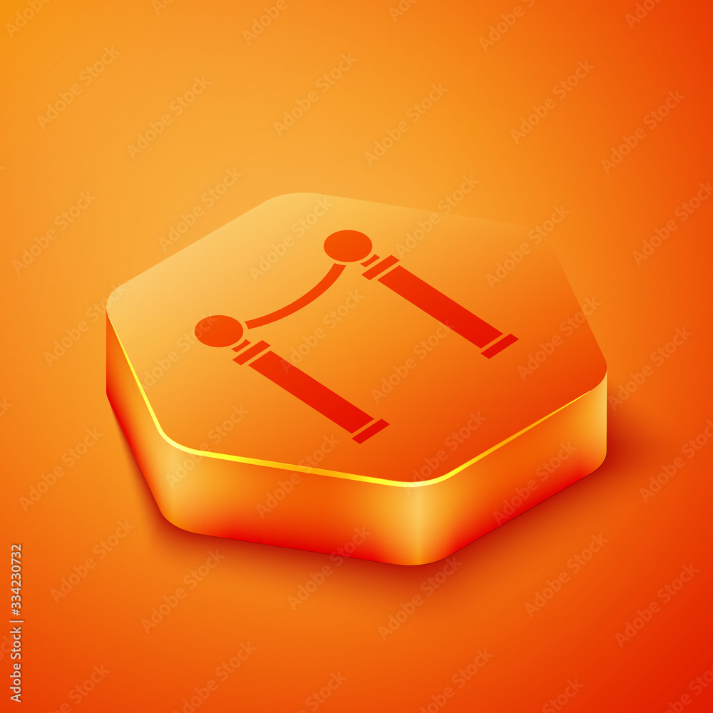 Isometric Exhibition of paintings icon isolated on orange background. Picture gallery. Orange hexago