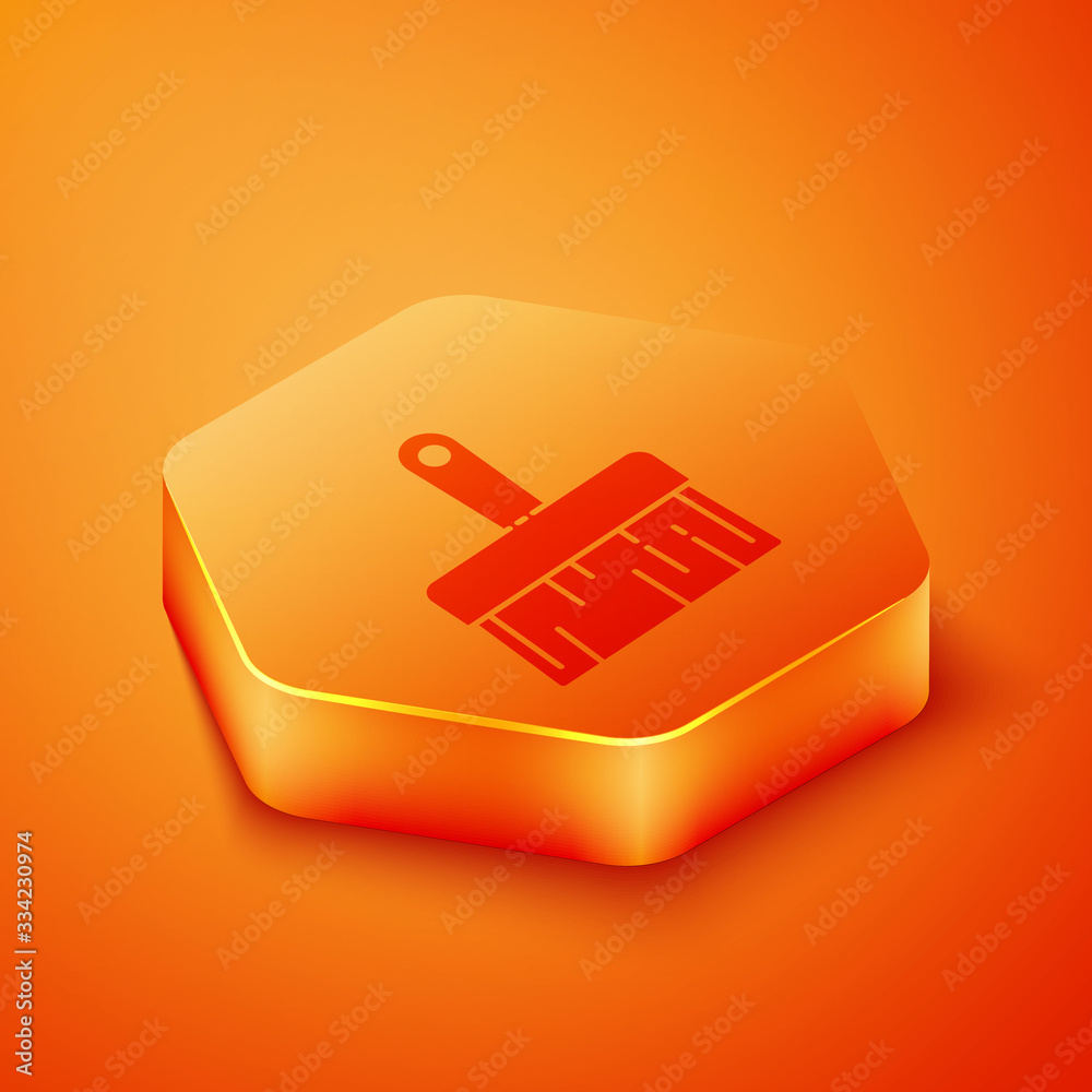 Isometric Paint brush icon isolated on orange background. Orange hexagon button. Vector Illustration