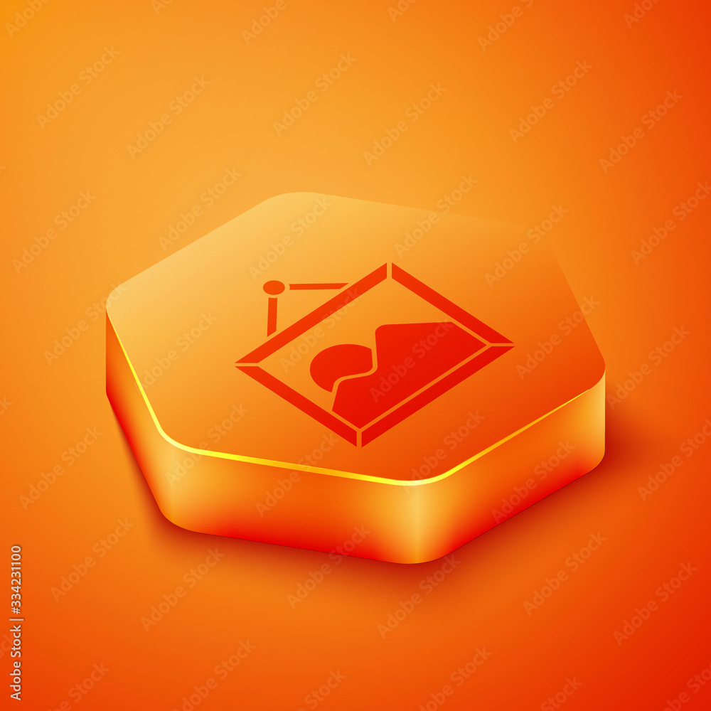 Isometric Picture landscape icon isolated on orange background. Orange hexagon button. Vector Illust