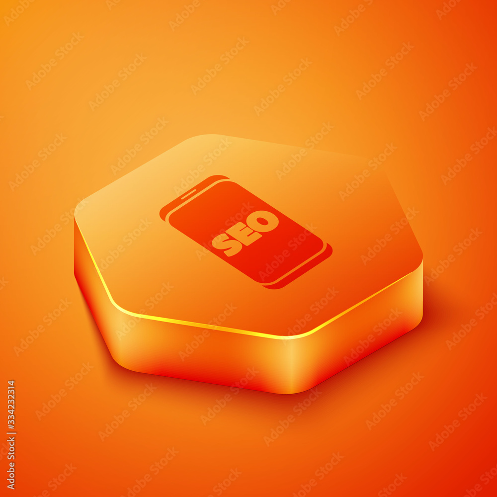 Isometric Mobile phone SEO optimization concept icon isolated on orange background. Orange hexagon b