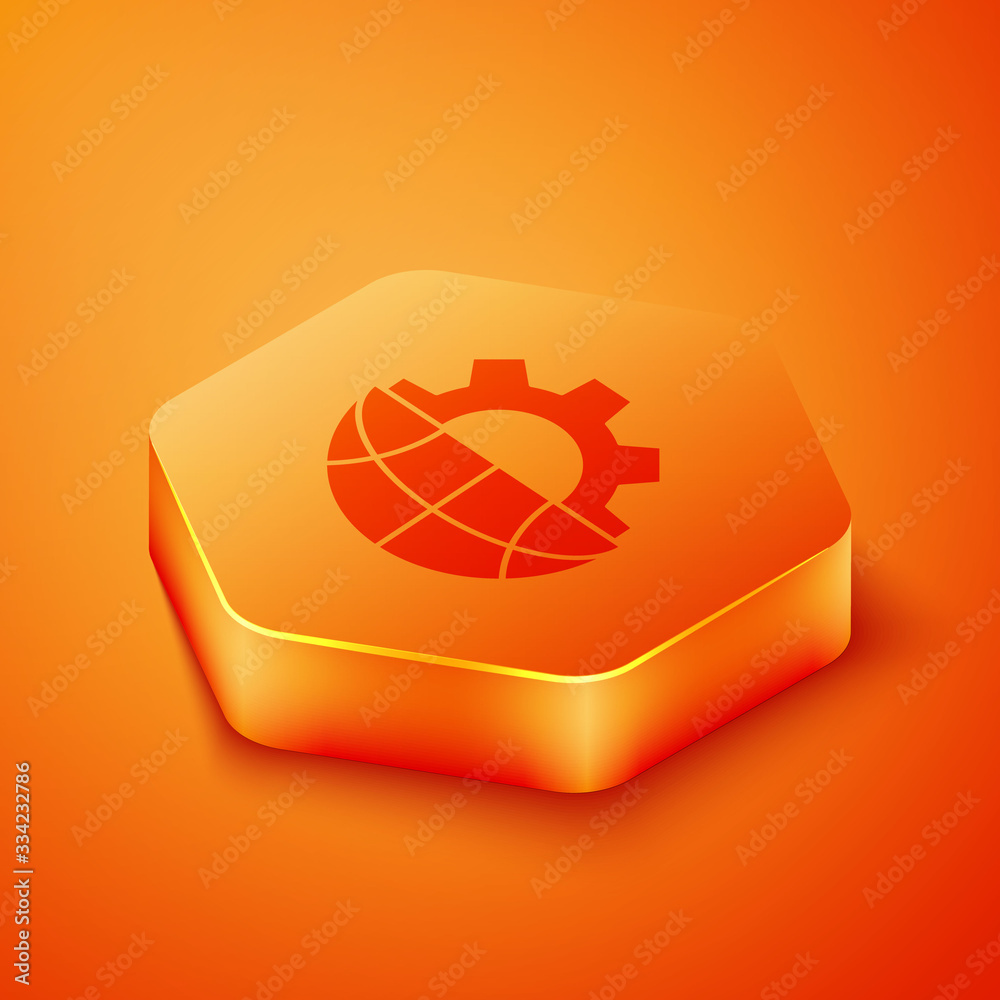 Isometric Globe of the Earth and gear or cog icon isolated on orange background. Setting parameters.