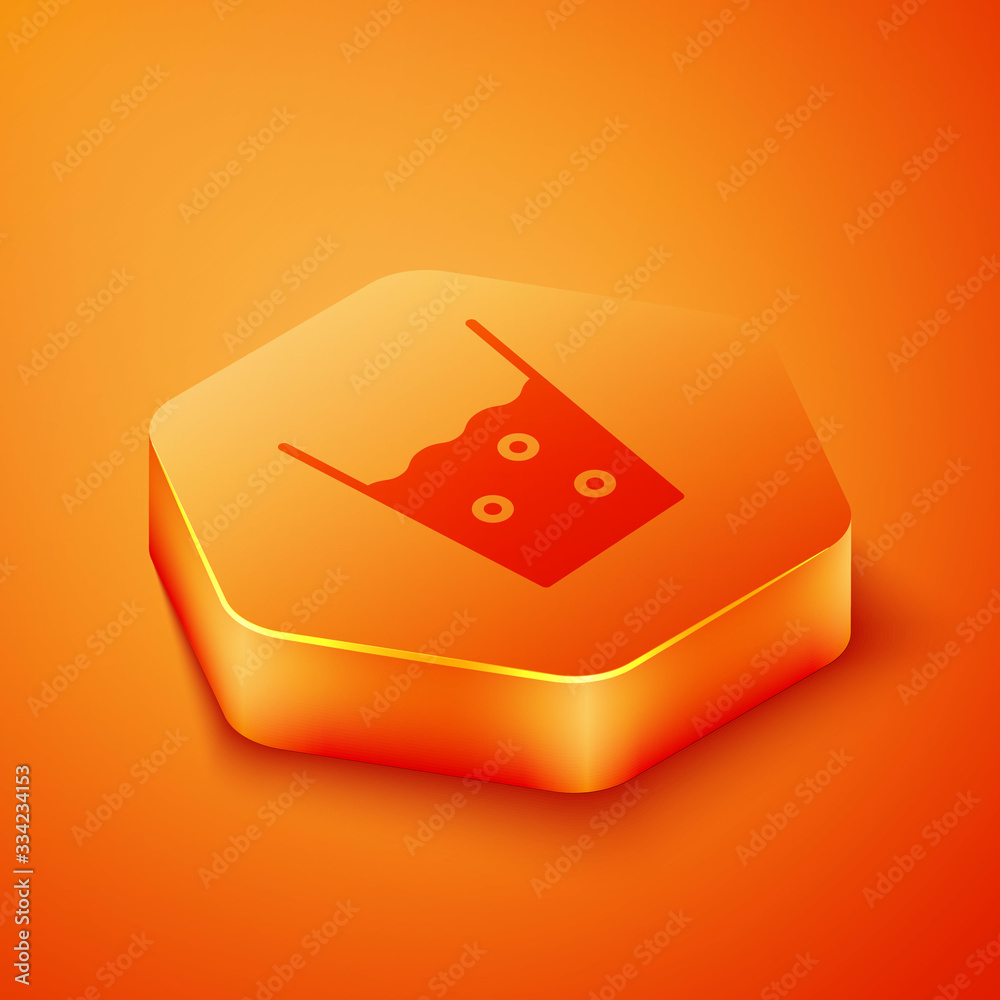 Isometric Glass with water icon isolated on orange background. Soda glass. Orange hexagon button. Ve