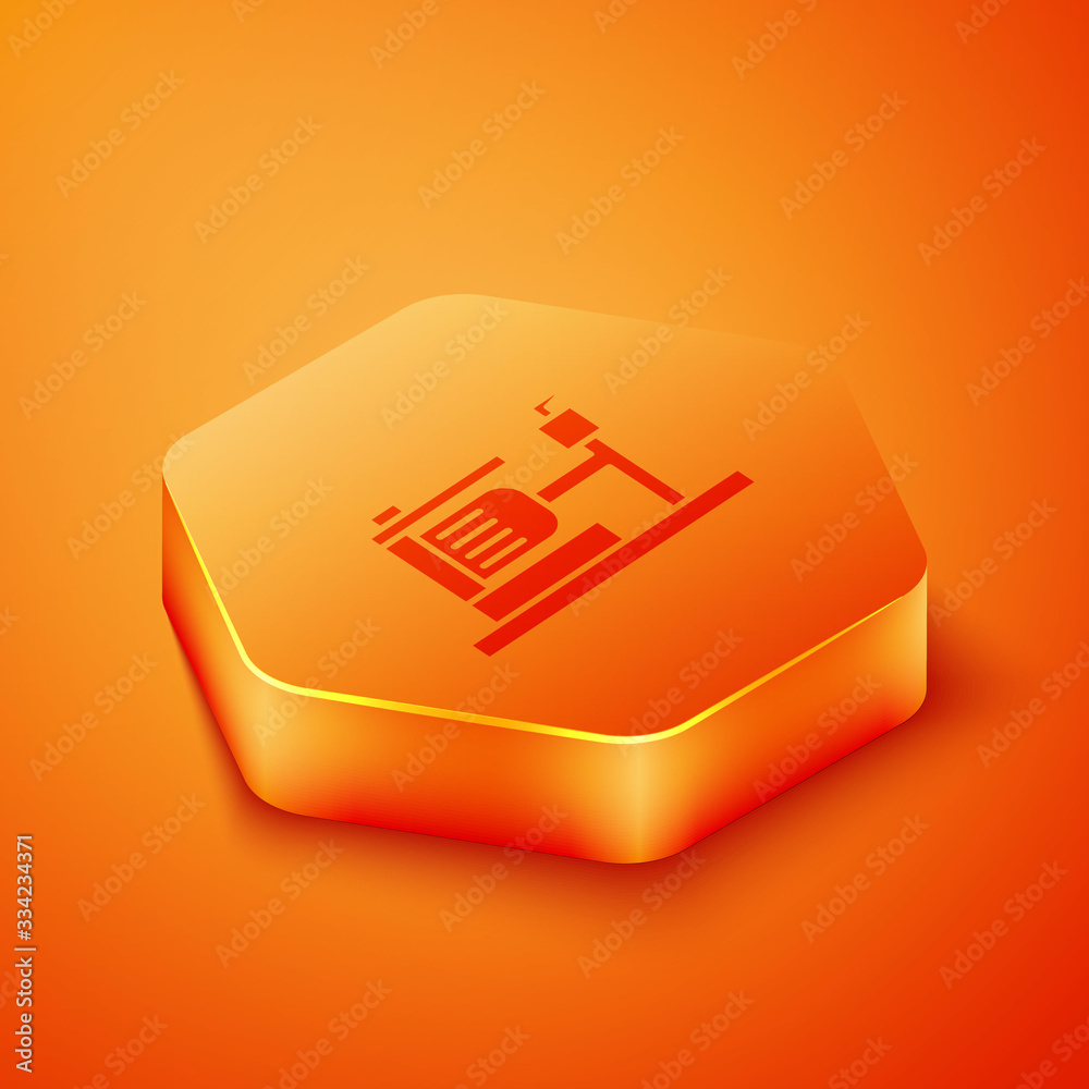 Isometric Electric water pump icon isolated on orange background. Orange hexagon button. Vector Illu