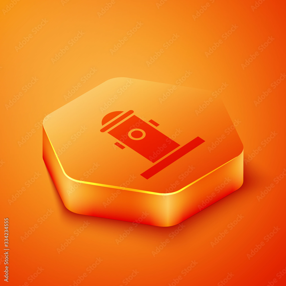 Isometric Fire hydrant icon isolated on orange background. Orange hexagon button. Vector Illustratio