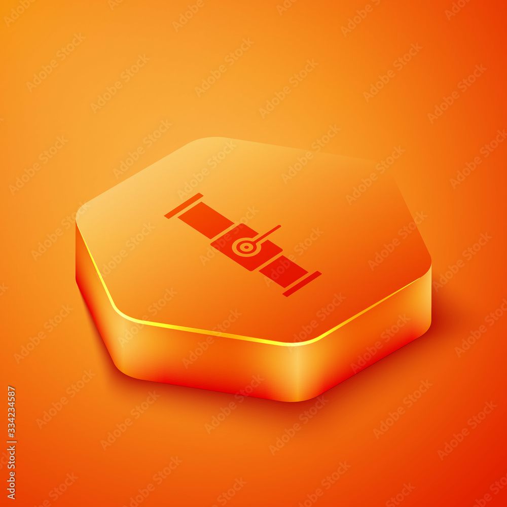 Isometric Industry metallic pipe and valve icon isolated on orange background. Orange hexagon button