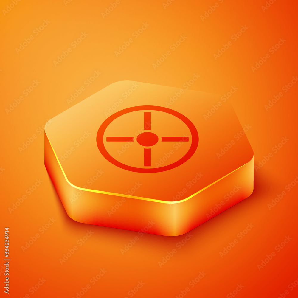 Isometric Industry valve icon isolated on orange background. Orange hexagon button. Vector Illustrat