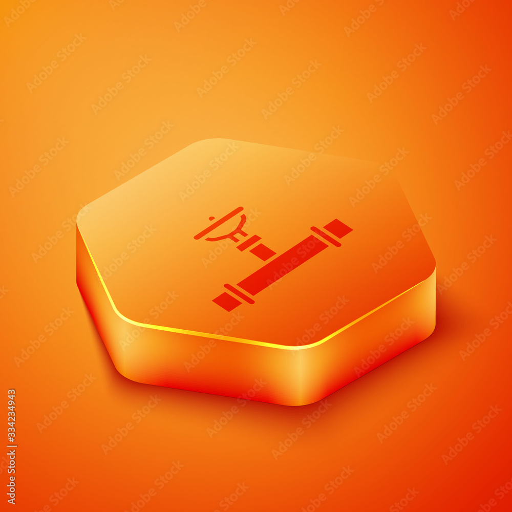 Isometric Industry metallic pipe and valve icon isolated on orange background. Orange hexagon button