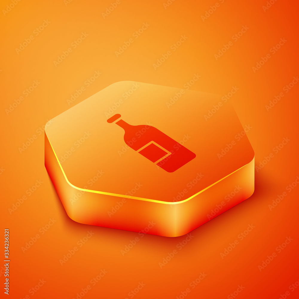 Isometric Alcohol drink bottle icon isolated on orange background. Orange hexagon button. Vector Ill