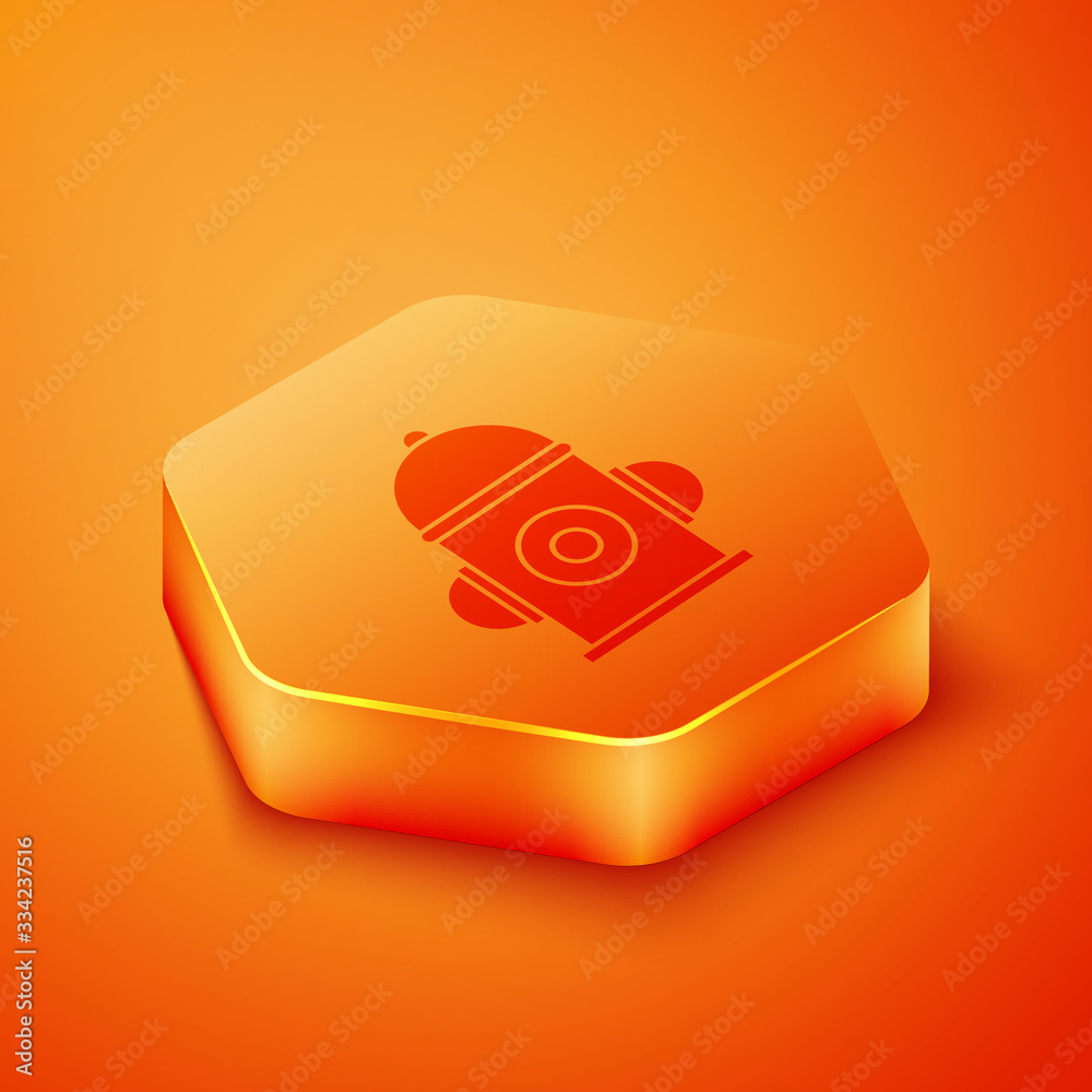 Isometric Fire hydrant icon isolated on orange background. Orange hexagon button. Vector Illustratio