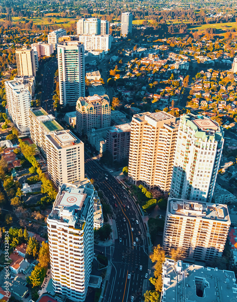 Aerial view of buildings on Wilshire Blvd in Westwood, Los Angeles, CA