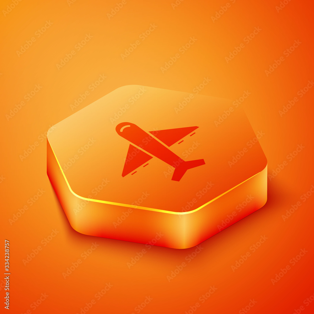 Isometric Plane icon isolated on orange background. Flying airplane icon. Airliner sign. Orange hexa